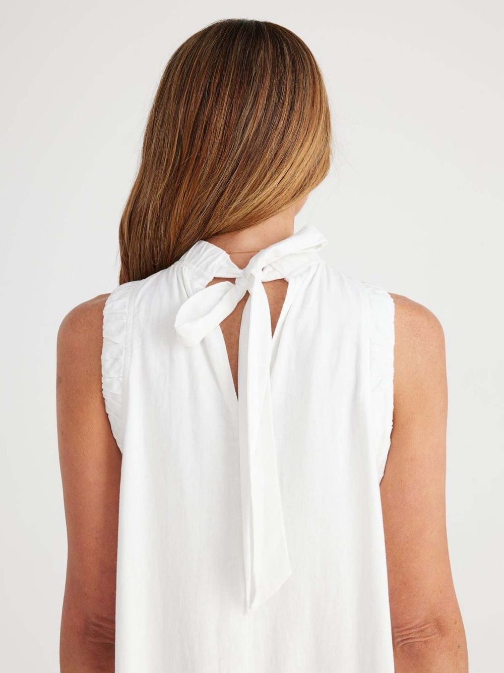 White Bow Back Mock Neck Linen Blend Blouse Tank XL Coastal Classic White